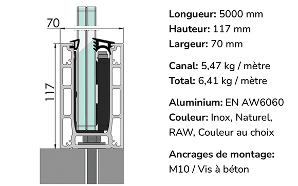 IN600-631 schéma technique Profil Garde corps Verre 